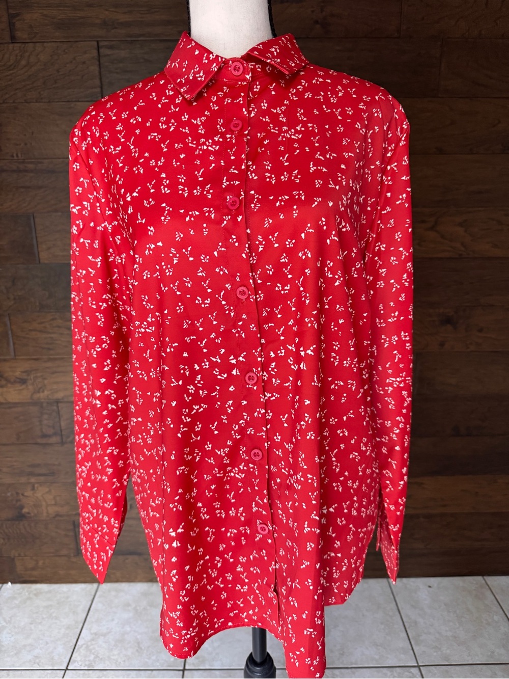 Red Floral Button-Up Women's Blouse